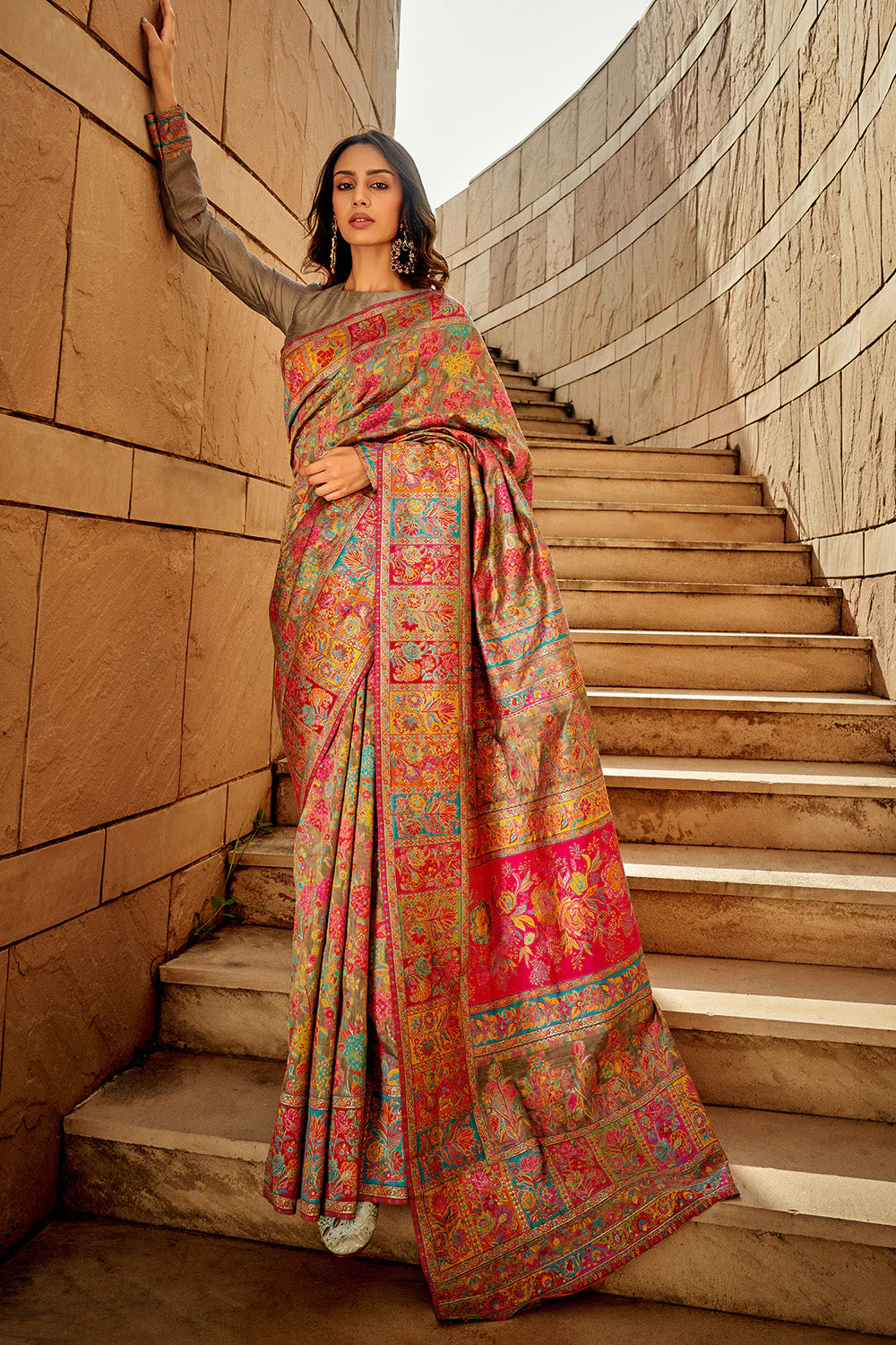 Golden Multi Color Kashmiri Pashmina Saree